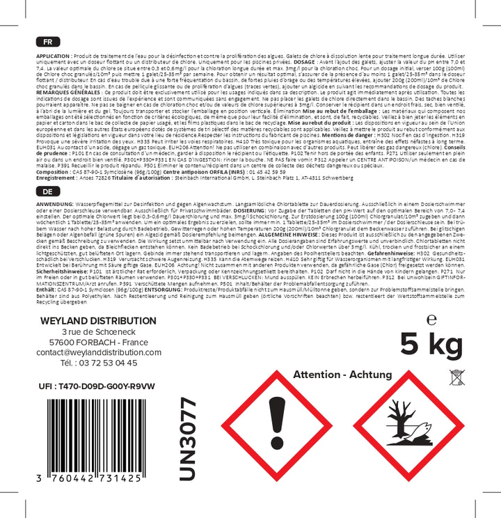 Chlore lent en galets 200 g seau 5 kg Aqualyn