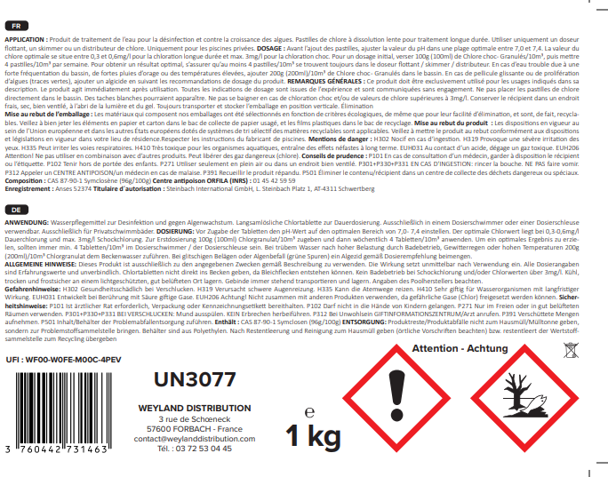 Chlore lent en pastilles de 20 g 1kg - Aqualyn