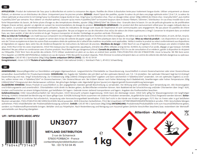 Chlore multifonction en pastilles 20 g pot 1 kg Aqualyn