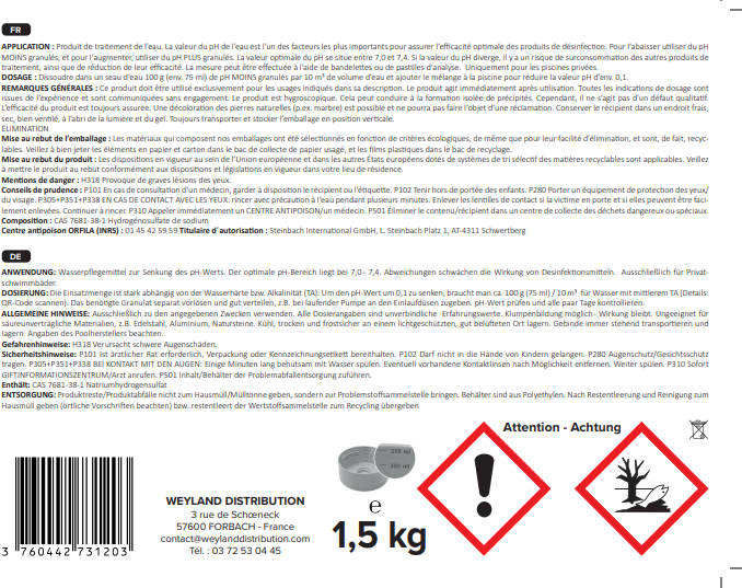 pH moins poudre 1,5 kg Aqualyn