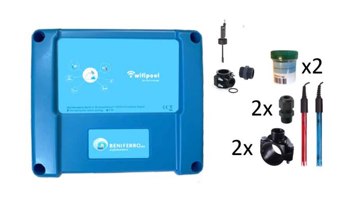 Boîtier de mesure Wifipool connect PRO pour le traitement de l'eau (pH-RX-Flow) avec matériel de mesure et d'installation, extensible au kit de bricolage pour le contrôle du pH et du chlore