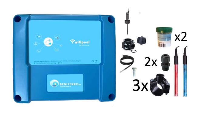 Boîtier de mesure Wifipool connect PRO (pH-RX-temp x2 - Flow) avec matériel de mesure et d'installation, extensible pour contrôler le pH, le chlore et le chauffage Kit bricolage